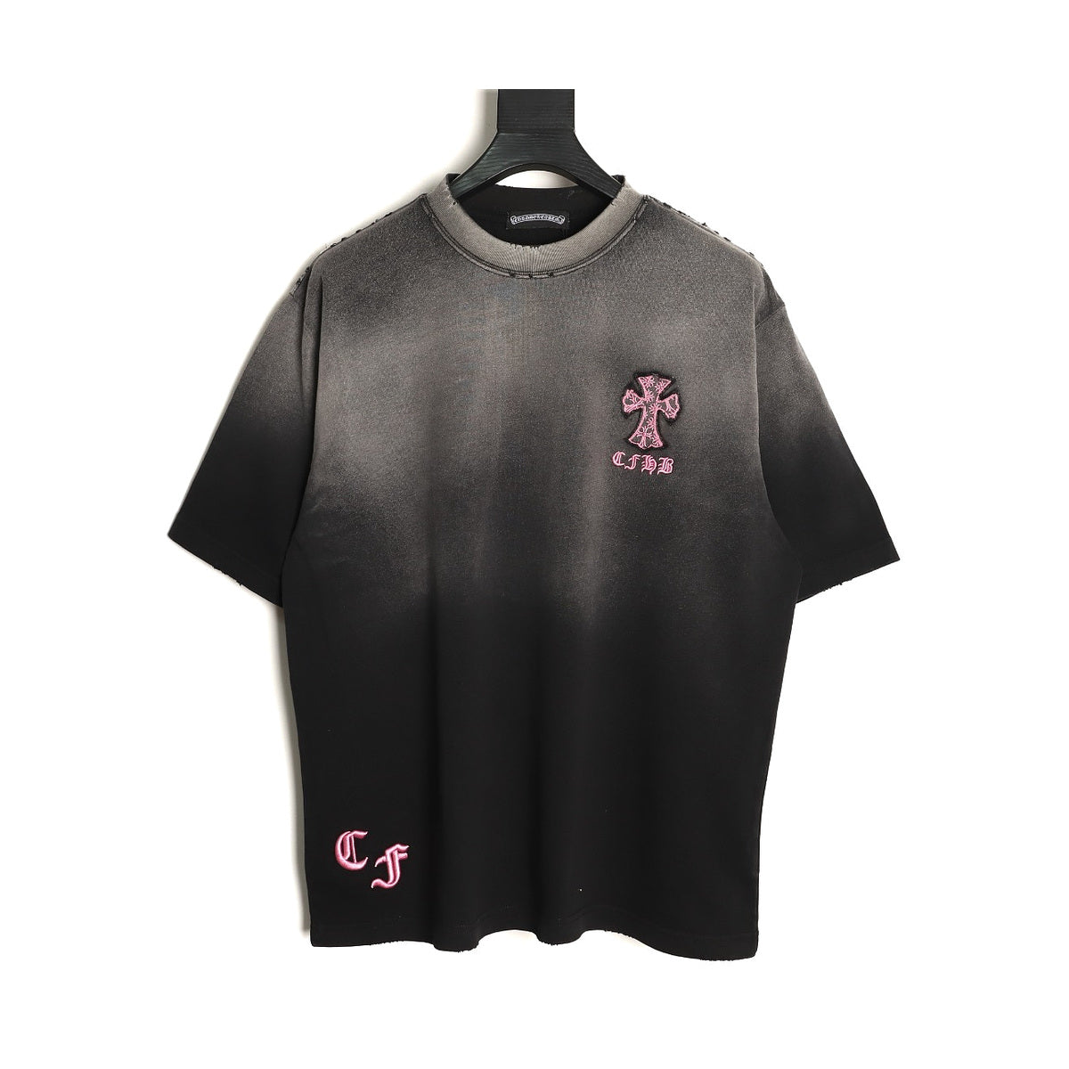 Chrome Hearts washed black pink cross applique T-shirt front