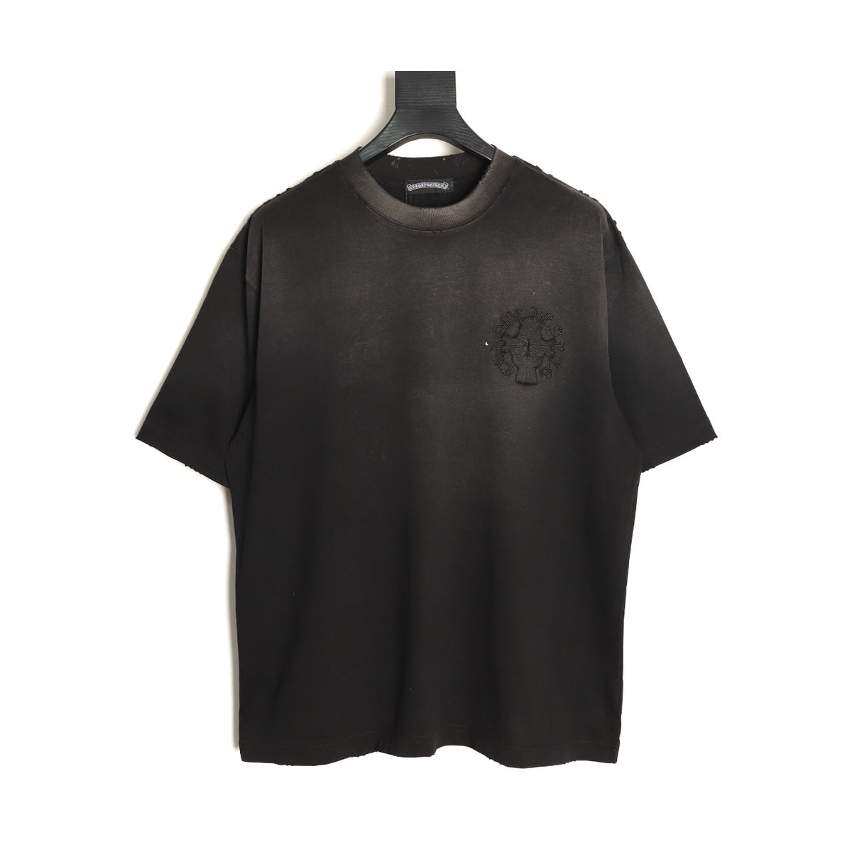 Chrome Hearts washed black tonal Gothic cross applique T-shirt front