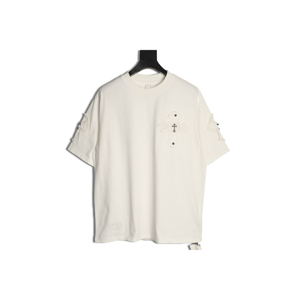 Chrome Hearts cream fringed cross applique T-shirt front