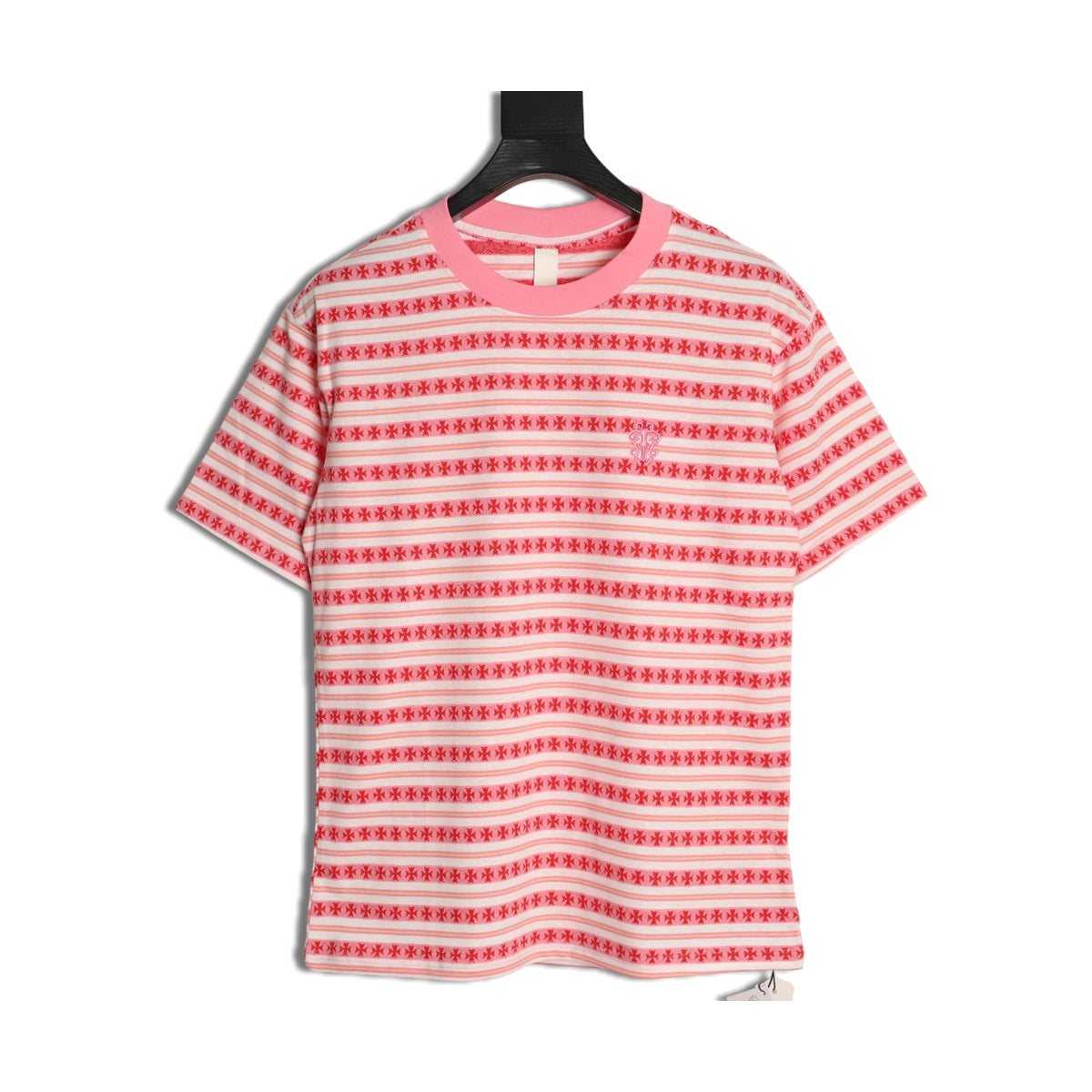 Chrome Hearts pink and white jacquard cross stripe knit T-shirt front