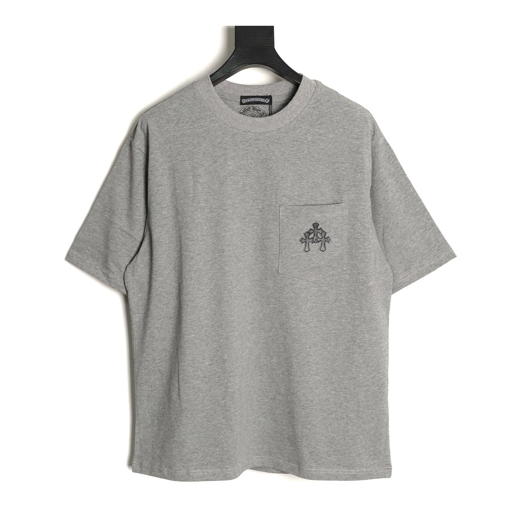 Chrome Hearts gray leather cross pocket T-shirt front