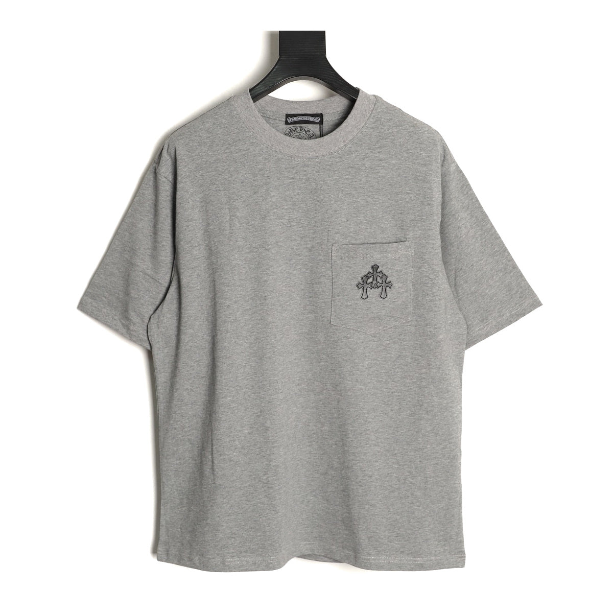 Chrome Hearts gray leather cross pocket T-shirt front