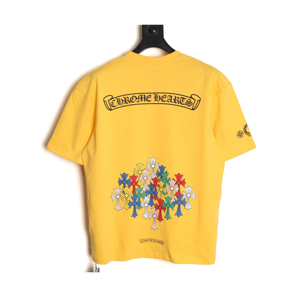 Chrome Hearts yellow T-shirt back with multicolor cross and floral graphic