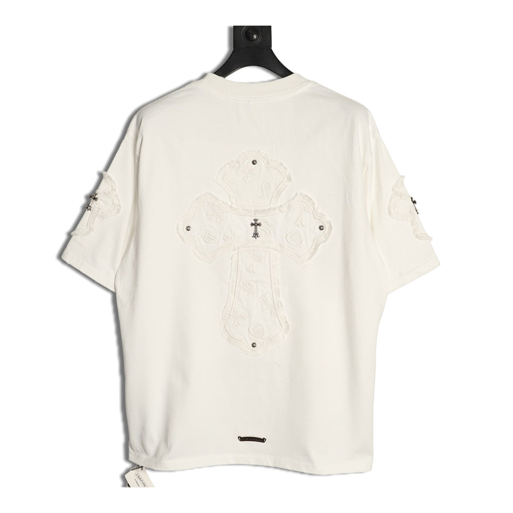 Chrome Hearts cream fringed cross applique T-shirt back
