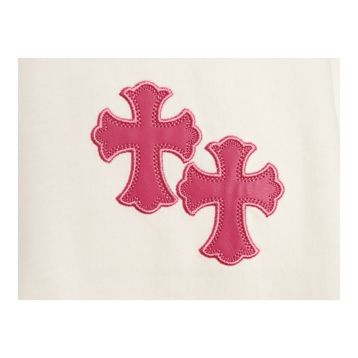 Chrome Hearts pink cross chest embroidery detail on white