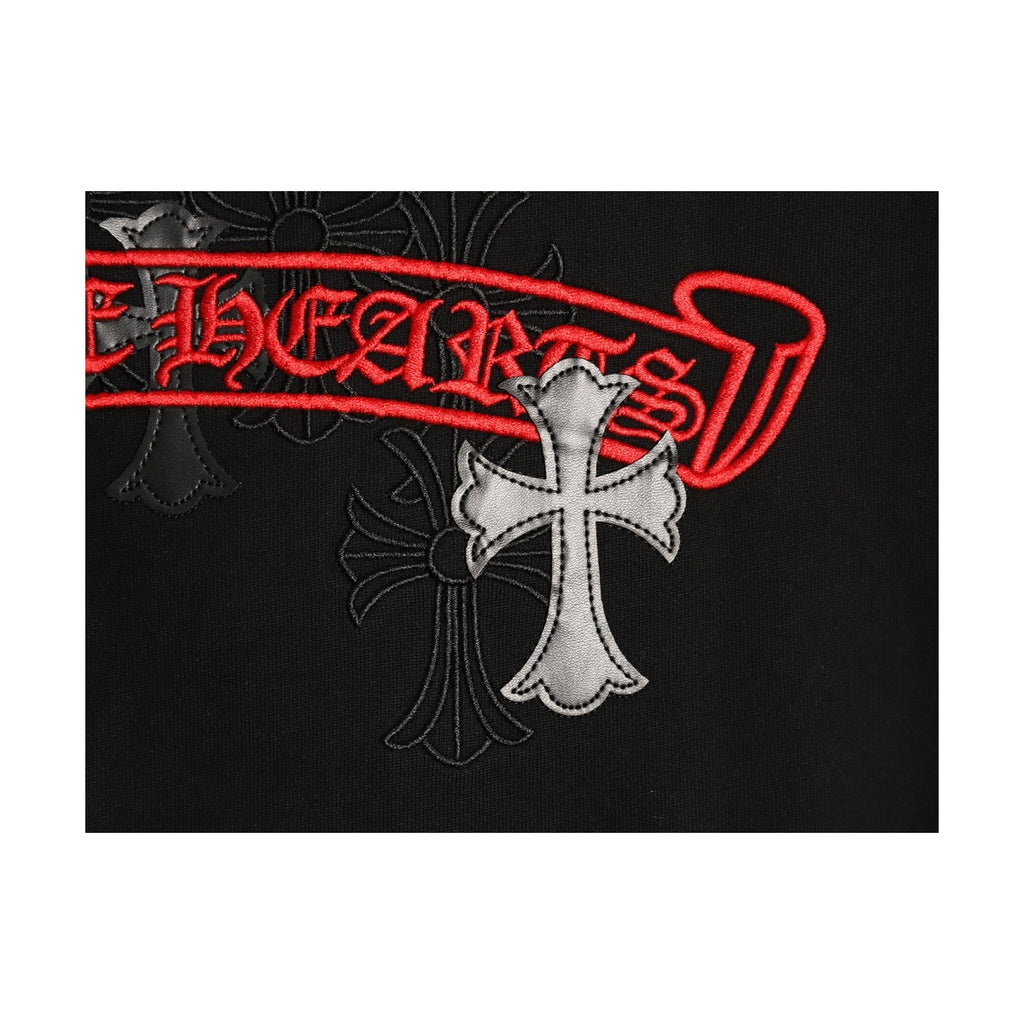 Chrome Hearts red banner and gray cross embroidery detail