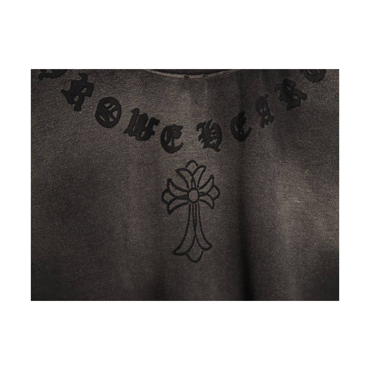 Chrome Hearts distressed Gothic chest lettering and cross detail