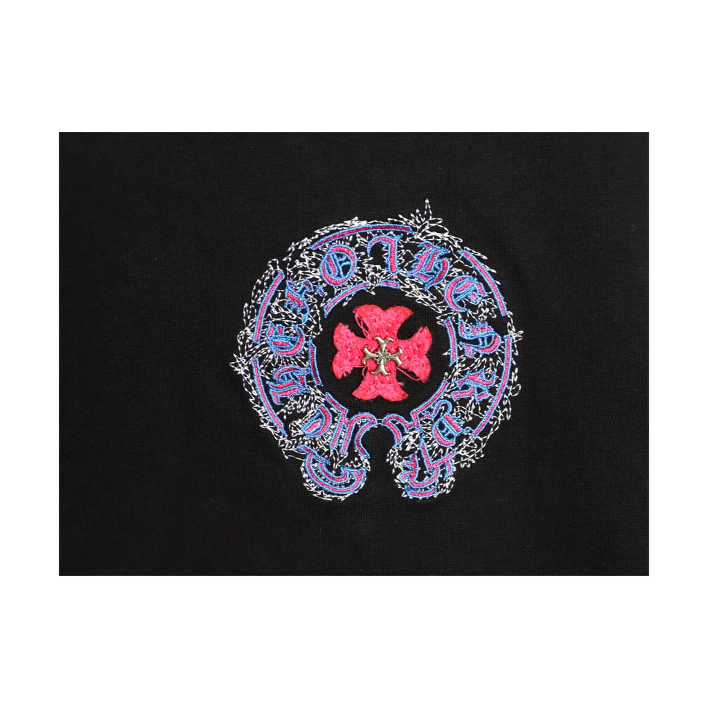 Chrome Hearts multicolor chest horseshoe embroidery detail on black
