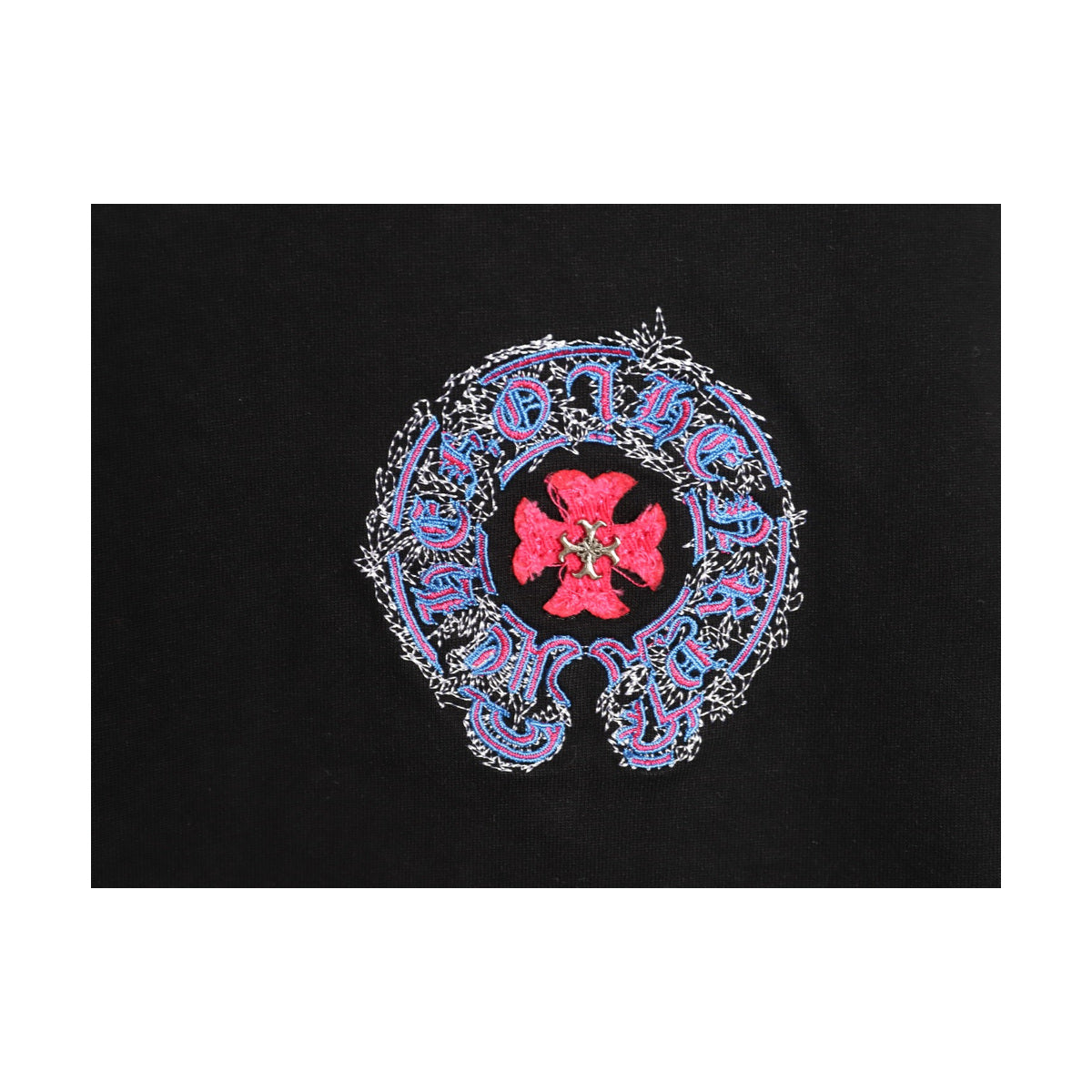 Chrome Hearts multicolor chest horseshoe embroidery detail on black