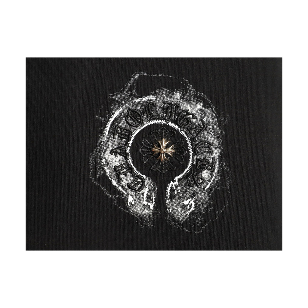 Distressed horseshoe back graphic detail on black fabric