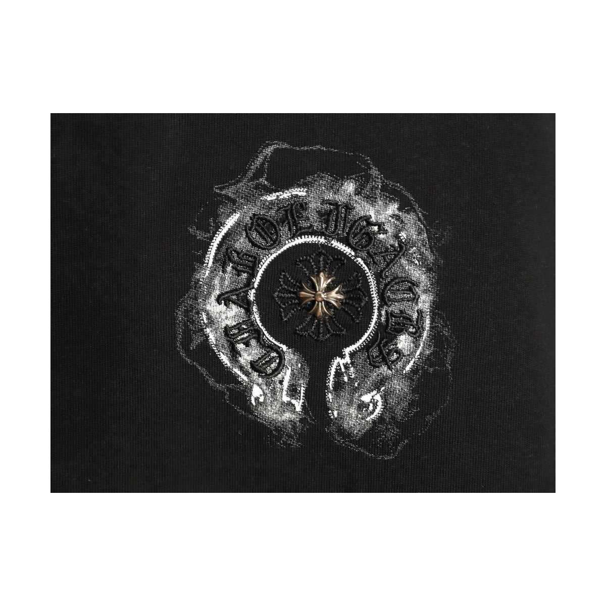 Distressed horseshoe back graphic detail on black fabric