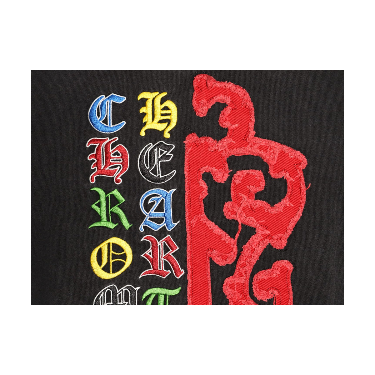 Multicolor embroidered letter and emblem detail