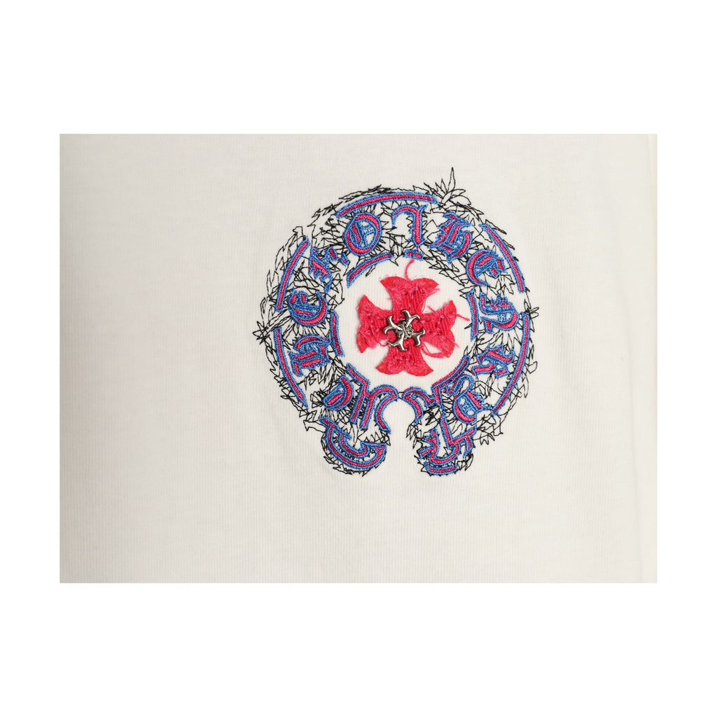Chrome Hearts multicolor chest horseshoe embroidery detail on white