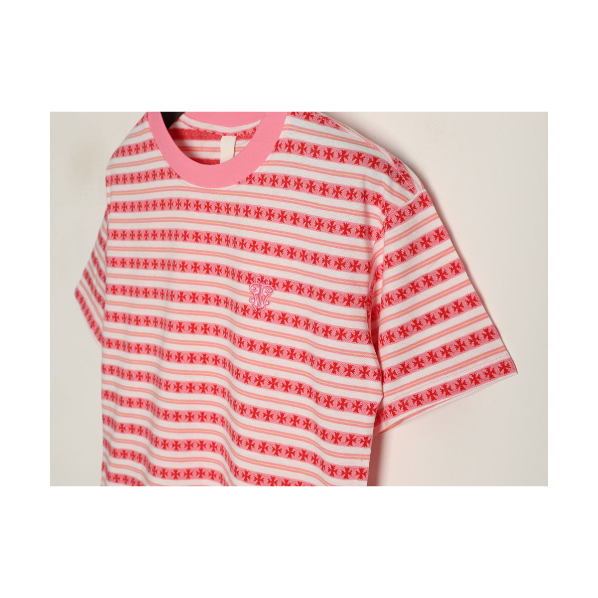 Chrome Hearts pink jacquard chest emblem and cross stripe detail