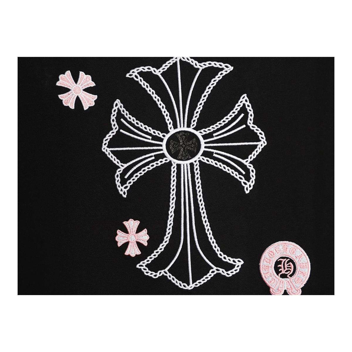 Chrome Hearts cross embroidery detail on black