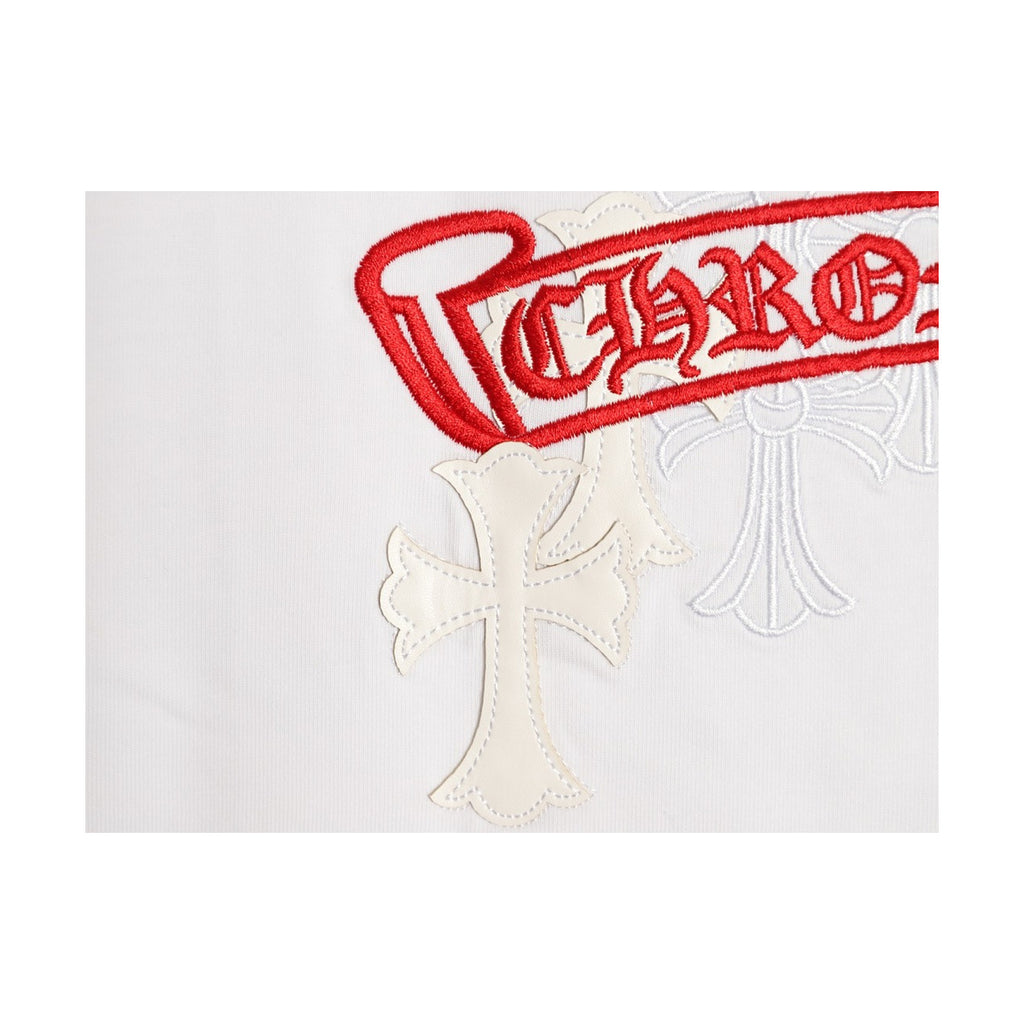 Chrome Hearts red banner and ivory cross embroidery detail