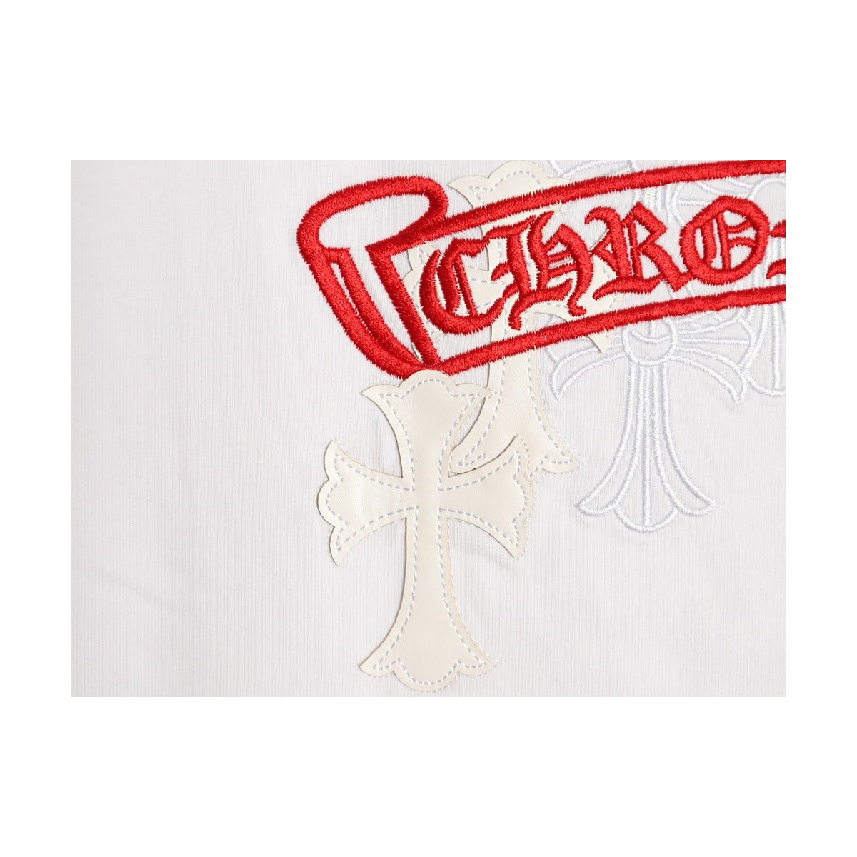 Chrome Hearts red banner and ivory cross embroidery detail