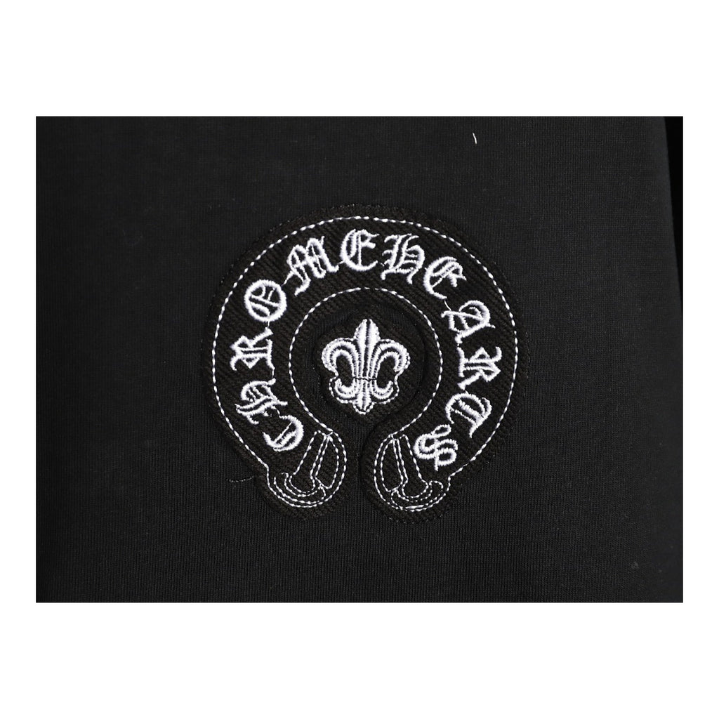 Chrome Hearts horseshoe fleur-de-lis chest embroidery detail on black
