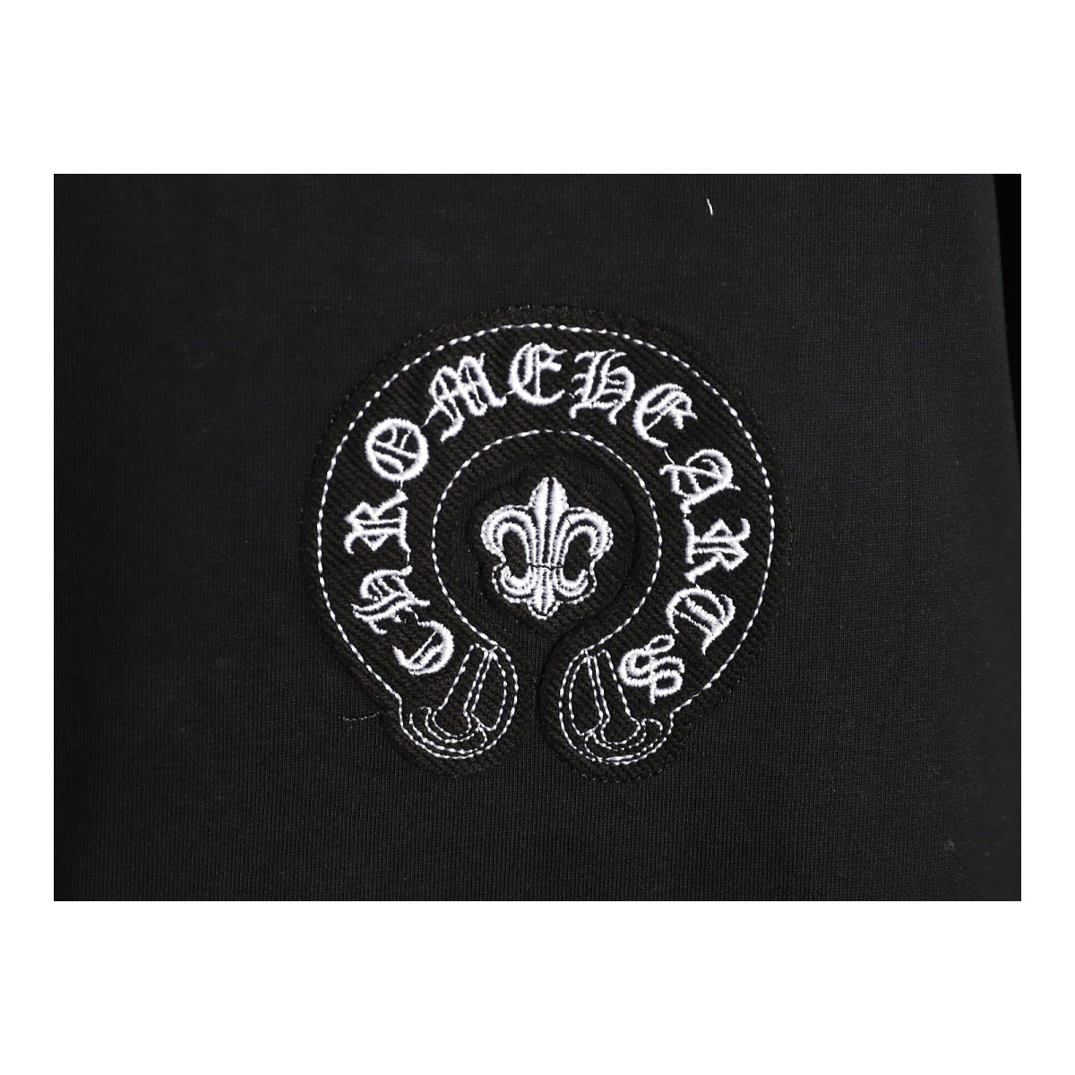 Chrome Hearts horseshoe fleur-de-lis chest embroidery detail on black