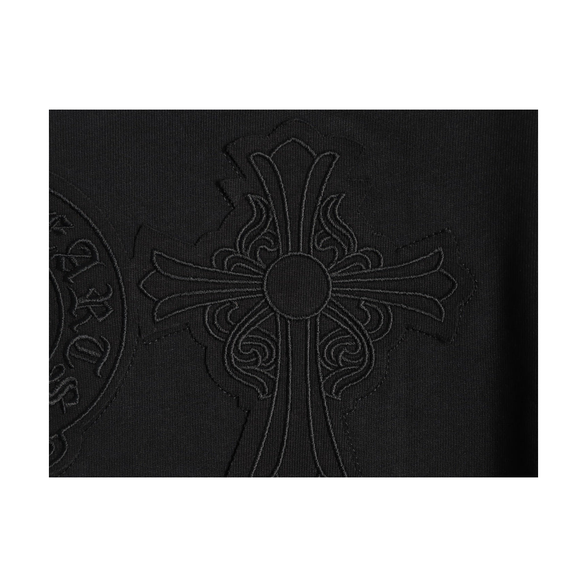 Chrome Hearts tonal cross embroidery detail on black