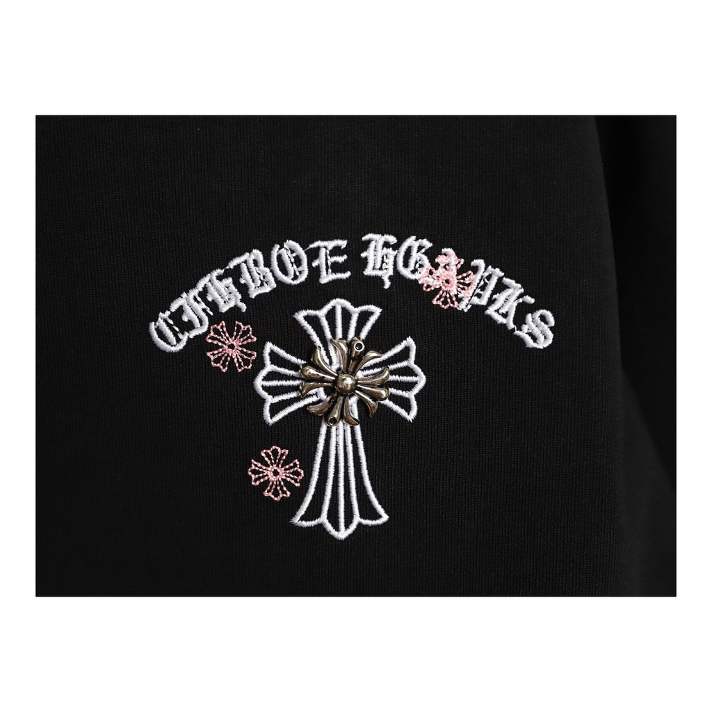 Chrome Hearts chest cross embroidery detail on black