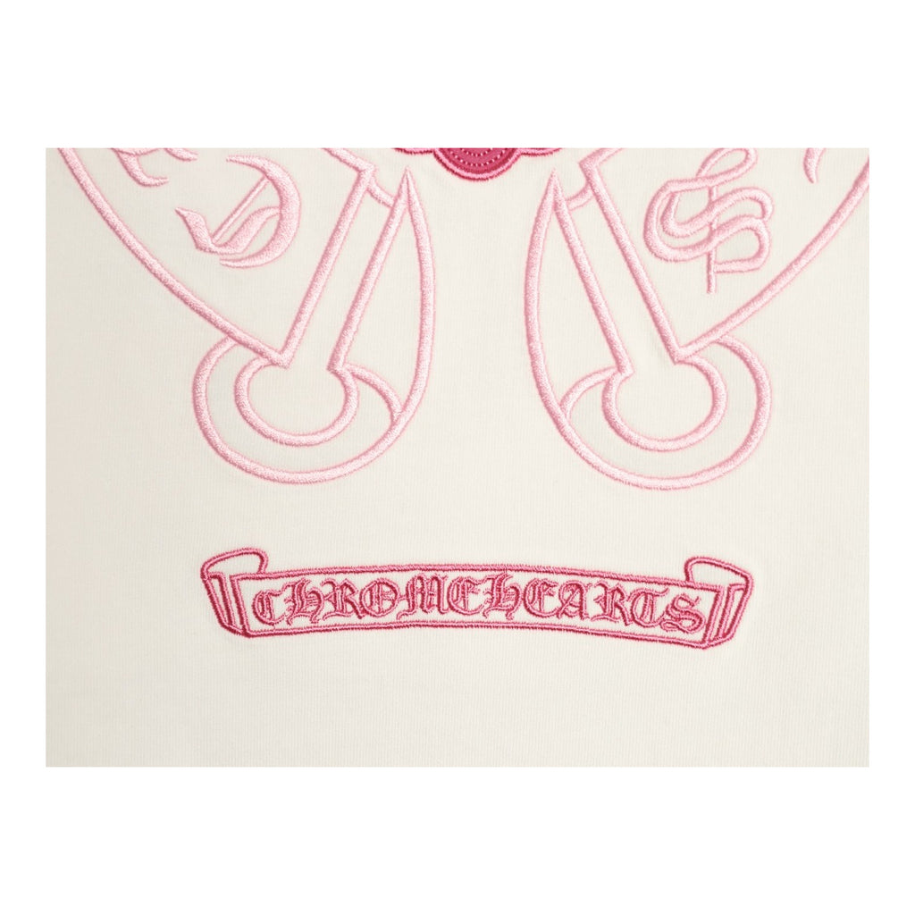 Chrome Hearts pink Gothic script back embroidery detail on white