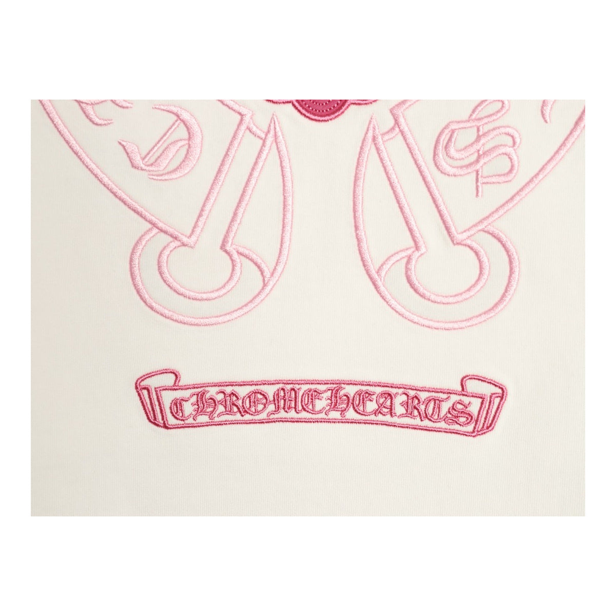 Chrome Hearts pink Gothic script back embroidery detail on white