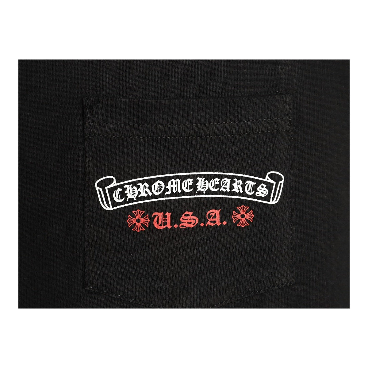 Chrome Hearts black front pocket graphic detail