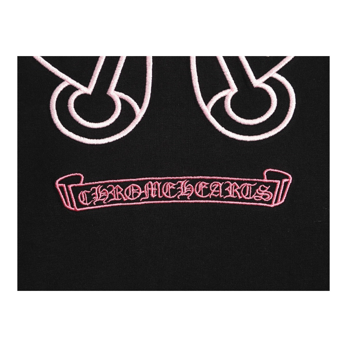 Chrome Hearts pink Gothic script back embroidery detail on black