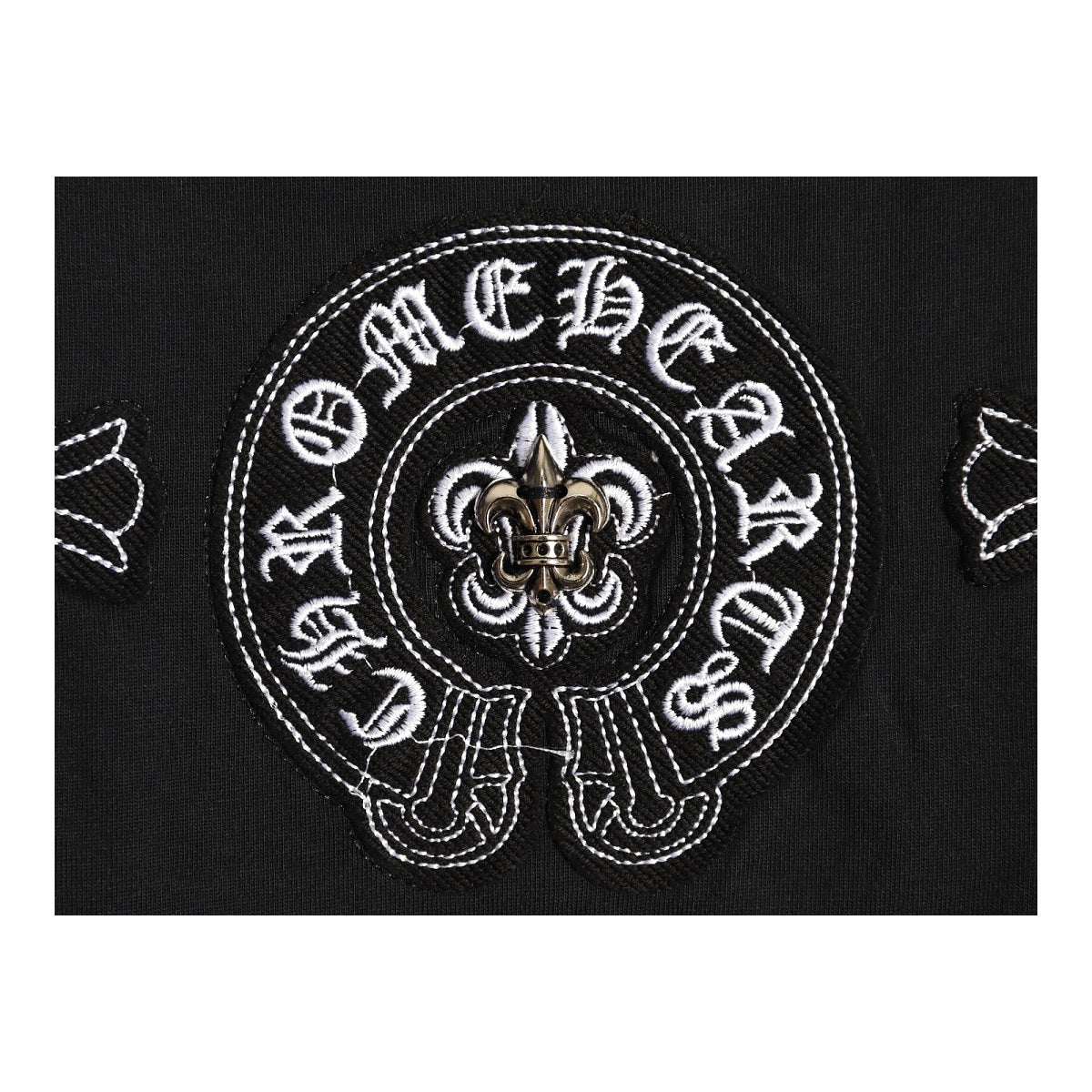 Chrome Hearts horseshoe emblem embroidery detail on black