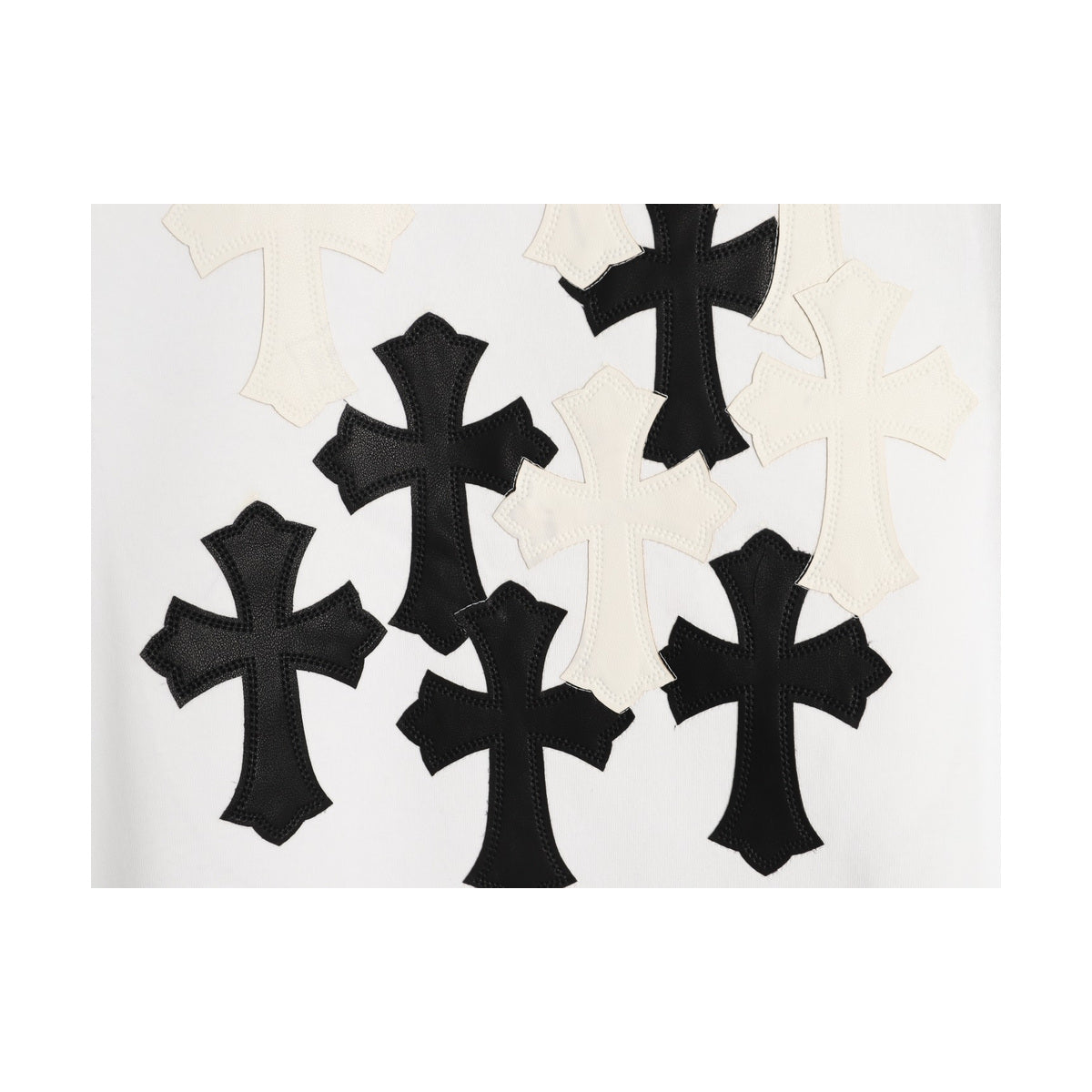 Chrome Hearts black and ivory cross applique detail on white