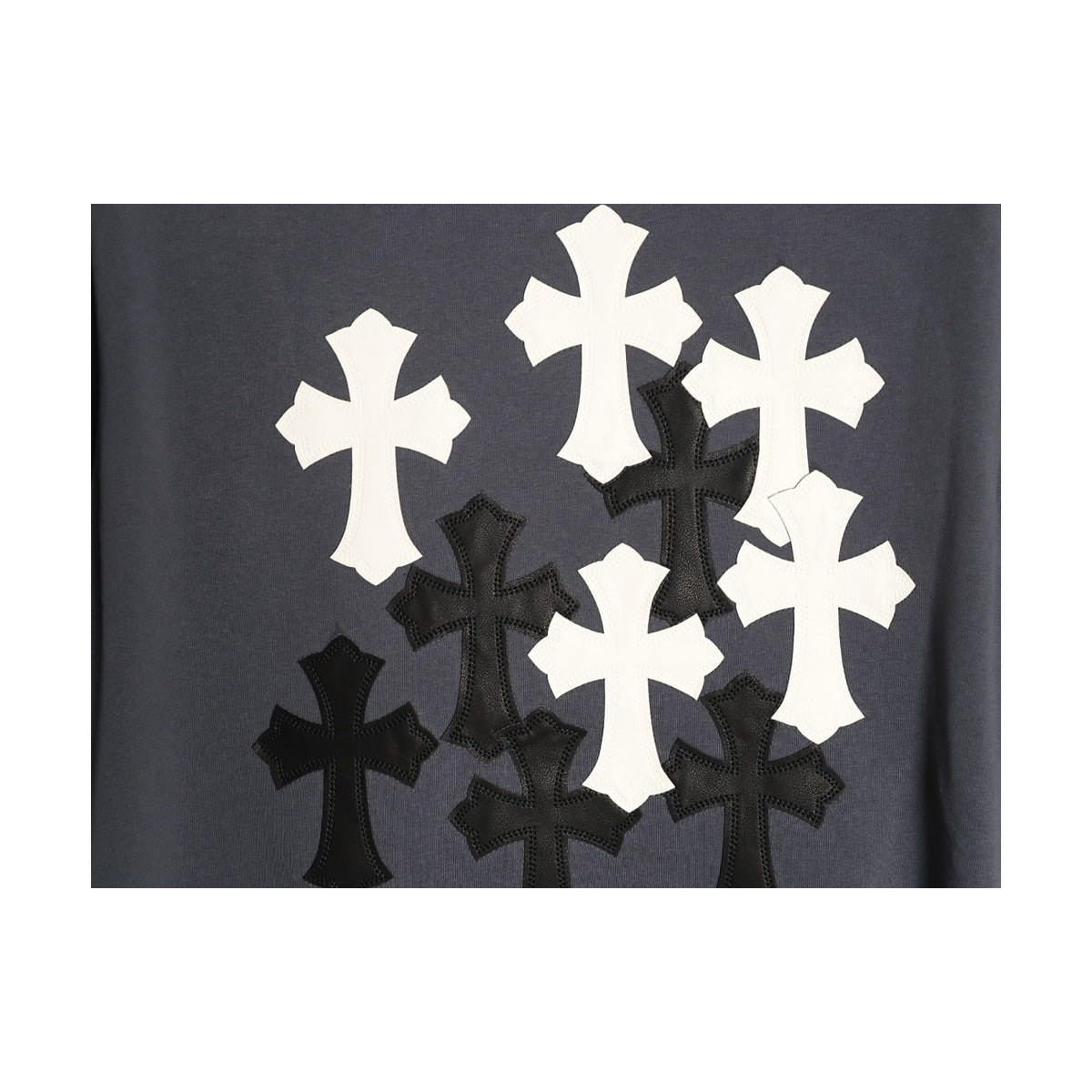 Chrome Hearts black and white cross applique detail on charcoal