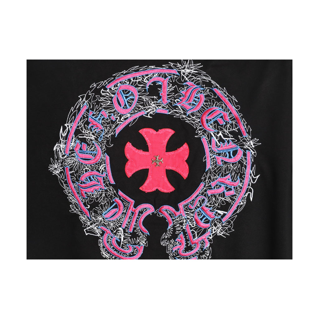 Chrome Hearts red and multicolor cross applique detail on black