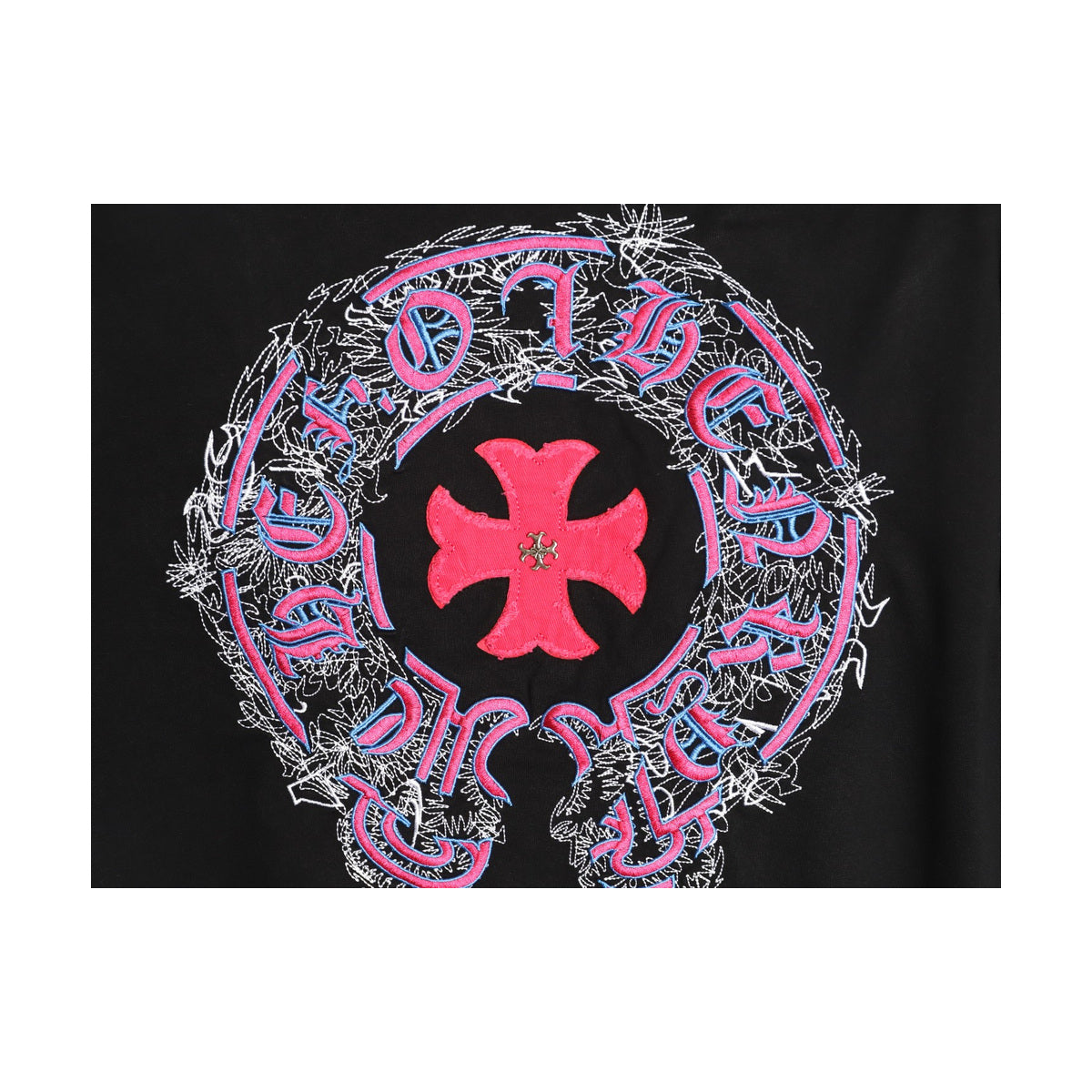Chrome Hearts red and multicolor cross applique detail on black