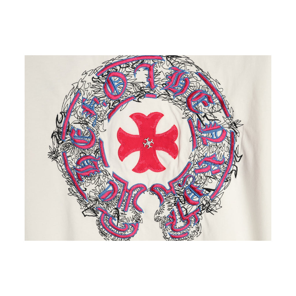 Chrome Hearts red and multicolor cross applique detail on white