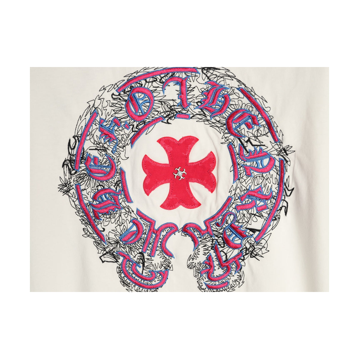 Chrome Hearts red and multicolor cross applique detail on white